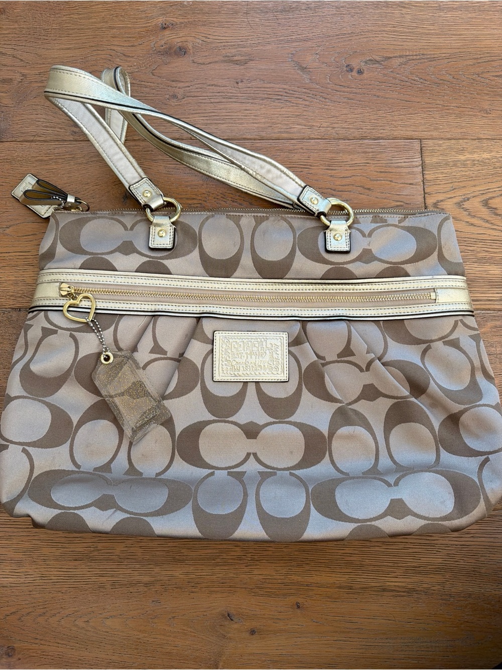 Coach Poppy Daisy Signature Glam Tote in Khaki/Champagne